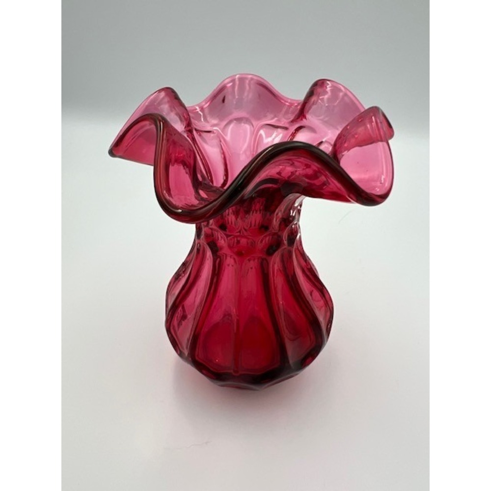 Fenton Cranberry Glass Ruffled Rim Paneled Optic Vase Pink Red 5.25 Inch
